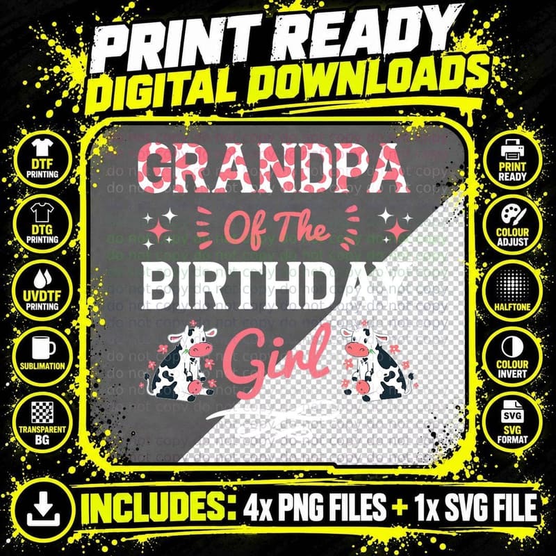 Grandpa of the Birthday Girl Cow Farming Farm Matchy Png SVG Digital Bundle