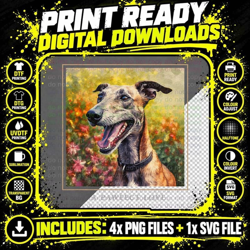 Greyhound Dog Garden Flowers Painting Pet T-Shirt Png SVG Digital Bundle