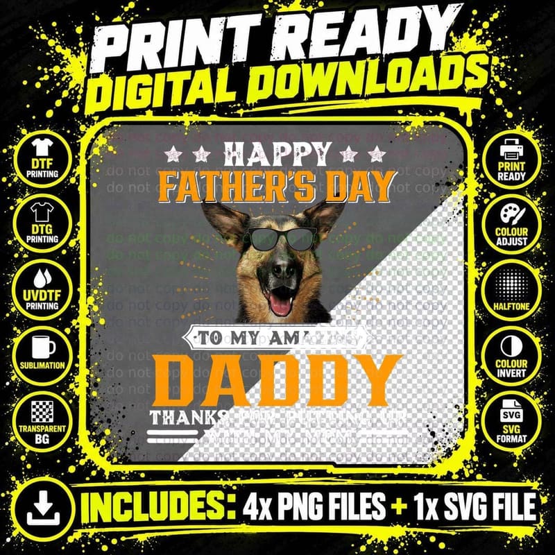 Happy Father's Day German Shepherd Dog Dad Gifts for Men Png SVG Digital Bundle