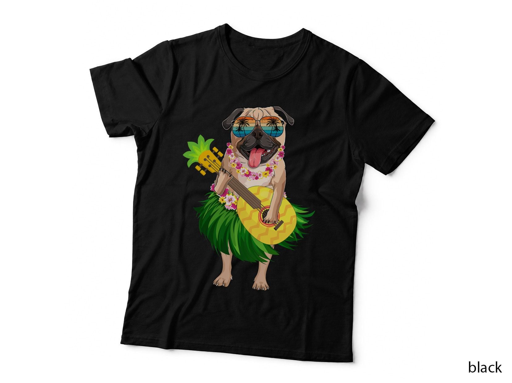 Hawaiian Pug Dog & Pineapple Ukulele T-Shirt, Summer Vacation Vibes