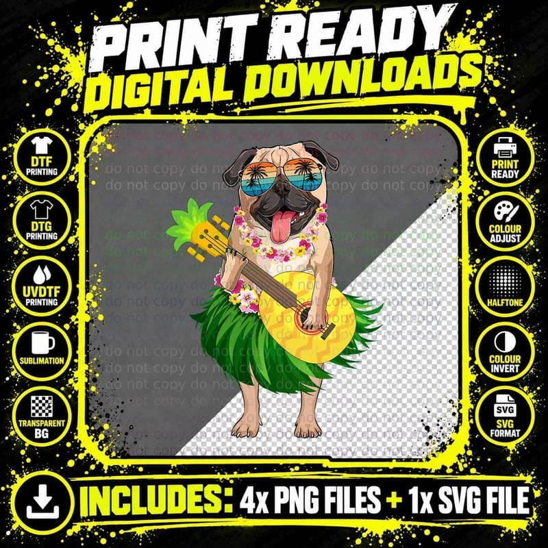 Hawaiian Pug Dog & Pineapple Ukulele T-Shirt Png SVG Digital Bundle