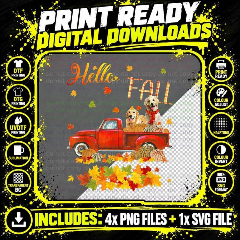 Hello Fall Golden Retriever T-Shirt, Autumn Leaves Theme Png SVG Digital Bundle