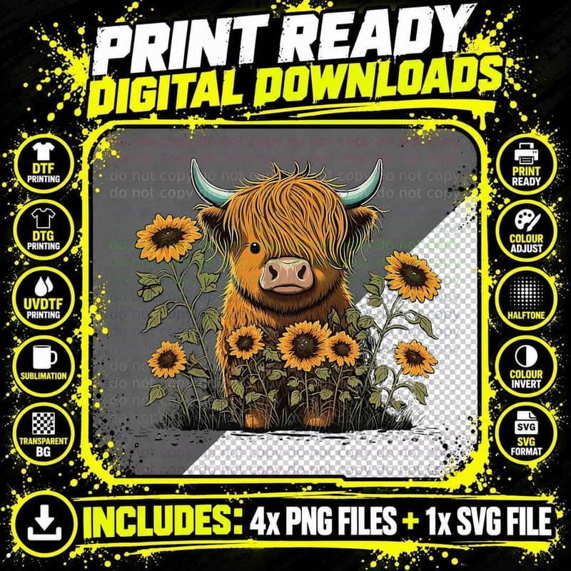 Highland Cow Sunflower T-Shirt, Funny Highland Cow Print Png SVG Digital Bundle