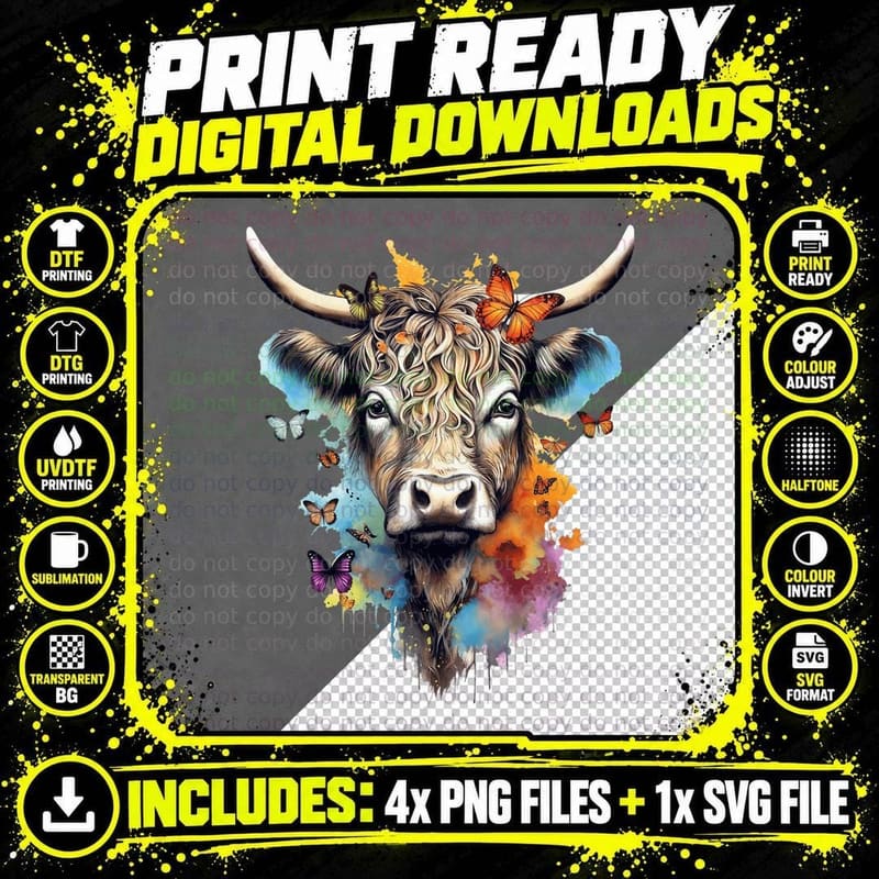 Highland Cow Watercolor Portrait, Butterflies Png SVG Digital Bundle
