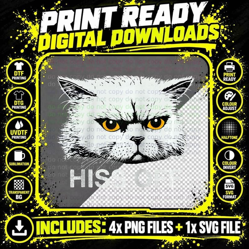 Hiss off Grumpy Cat Tee, Angry Yellow Eye Kitten Png SVG Digital Bundle