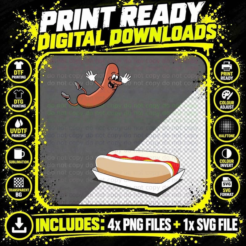 Hot Dog Diving into a Hotdog Bun T-Shirt Png SVG Digital Bundle