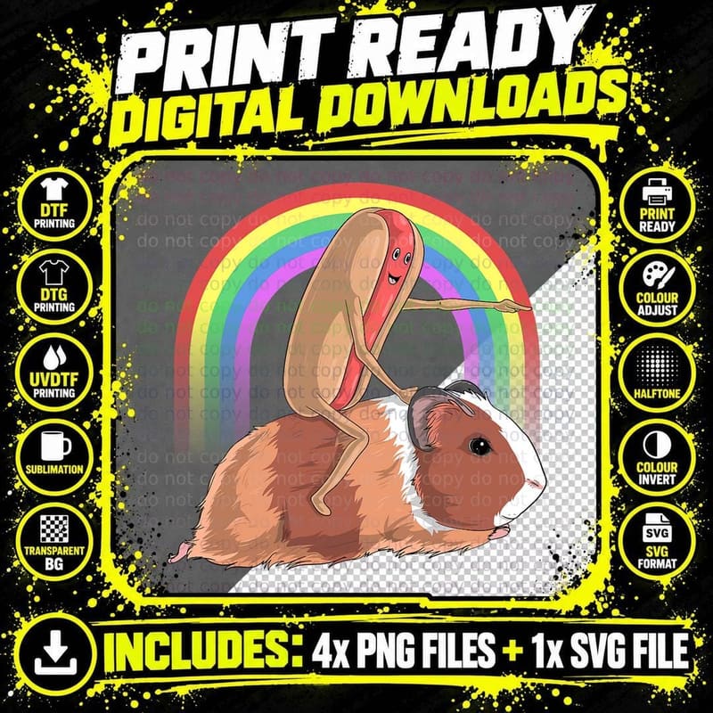 Hot Dog Riding Guinea Pig Rainbow Cute Magical Food Png SVG Digital Bundle