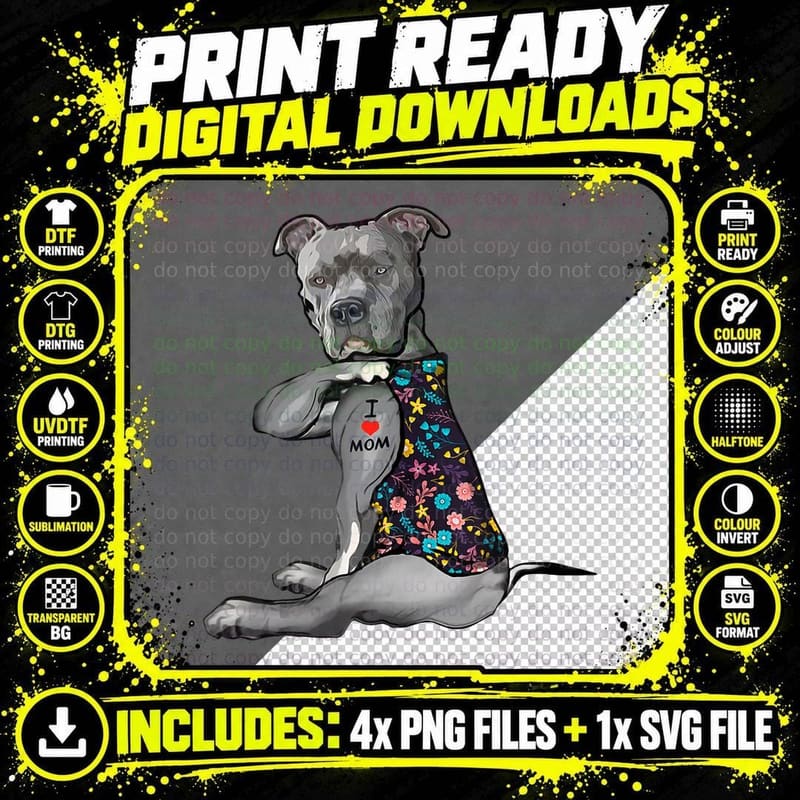 I Love Mom Tattoo Pitbull Dog Lovers Png SVG Digital Bundle