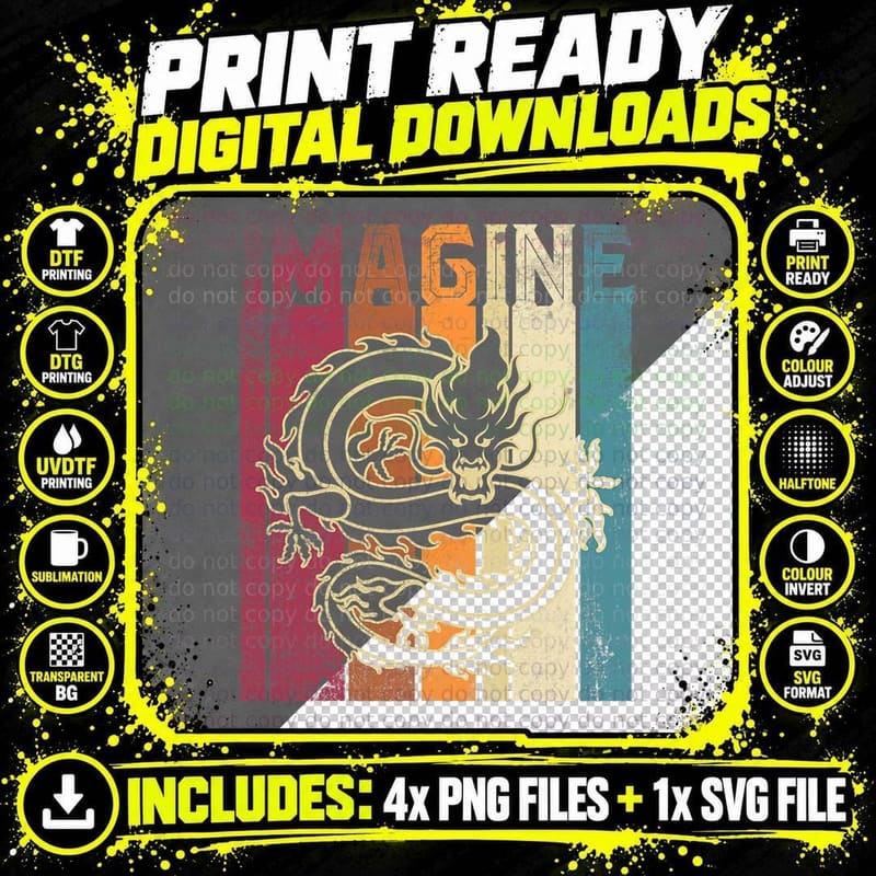 Imagine Dragon Vintage Stripe Tee, Black Eastern Dragon Png SVG Digital Bundle