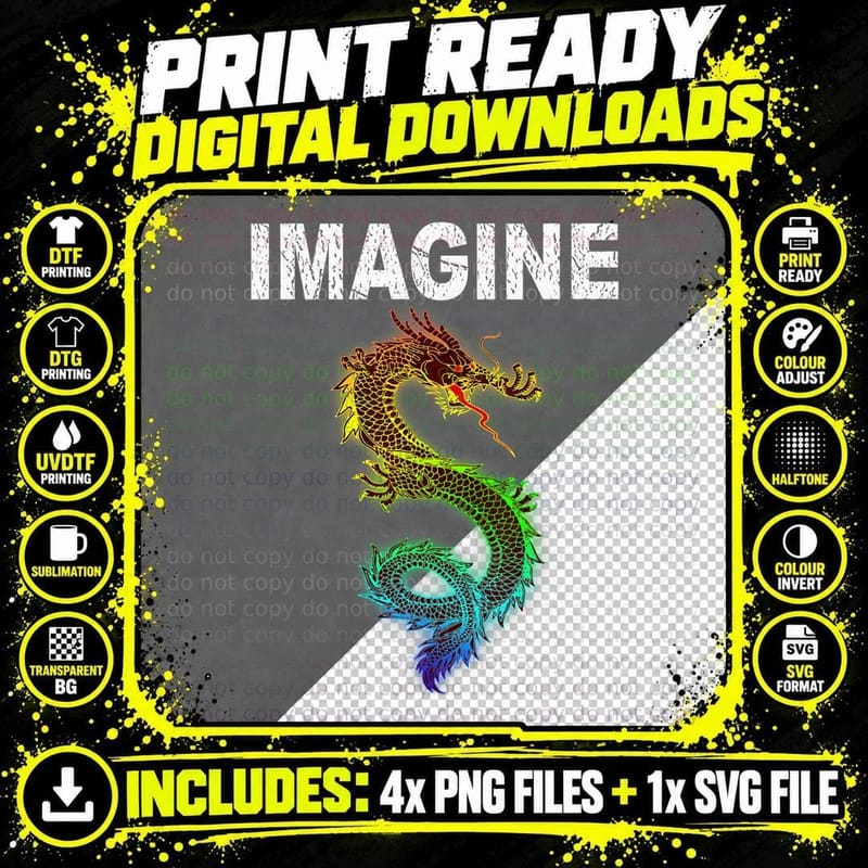 Imagine Glowing Eastern Dragon Tee, Neon Aura Outline Png SVG Digital Bundle