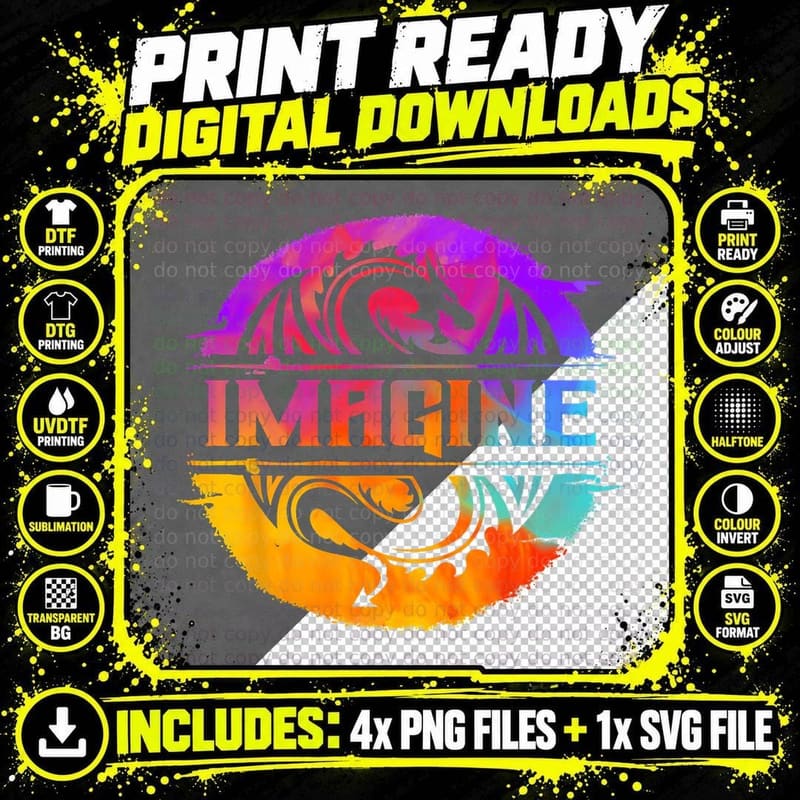 Imagine Tribal Dragon Circle Tee, Sunset Splash Colours Png SVG Digital Bundle