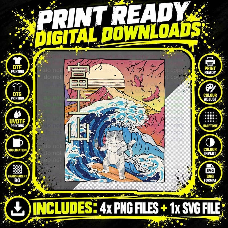Japanese Wave Surfing Cat Art Japanese Mount Fuji Sunset Png SVG Digital Bundle