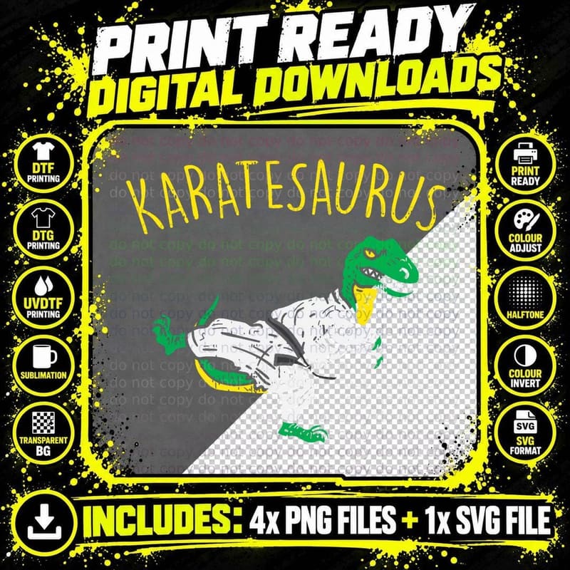 Karatesaurus T-Shirt, Martial Arts Humor Png SVG Digital Bundle