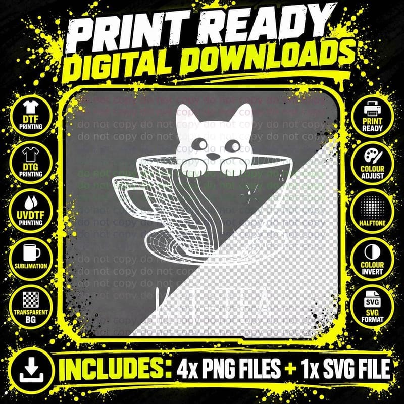 Kit-Tea Cat T-Shirt, Kitten in Vintage Teacup Design Png SVG Digital Bundle