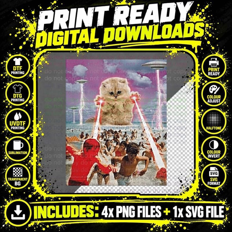 Laser Cat T-Shirt, Giant Kitten Attack on Beach Png SVG Digital Bundle