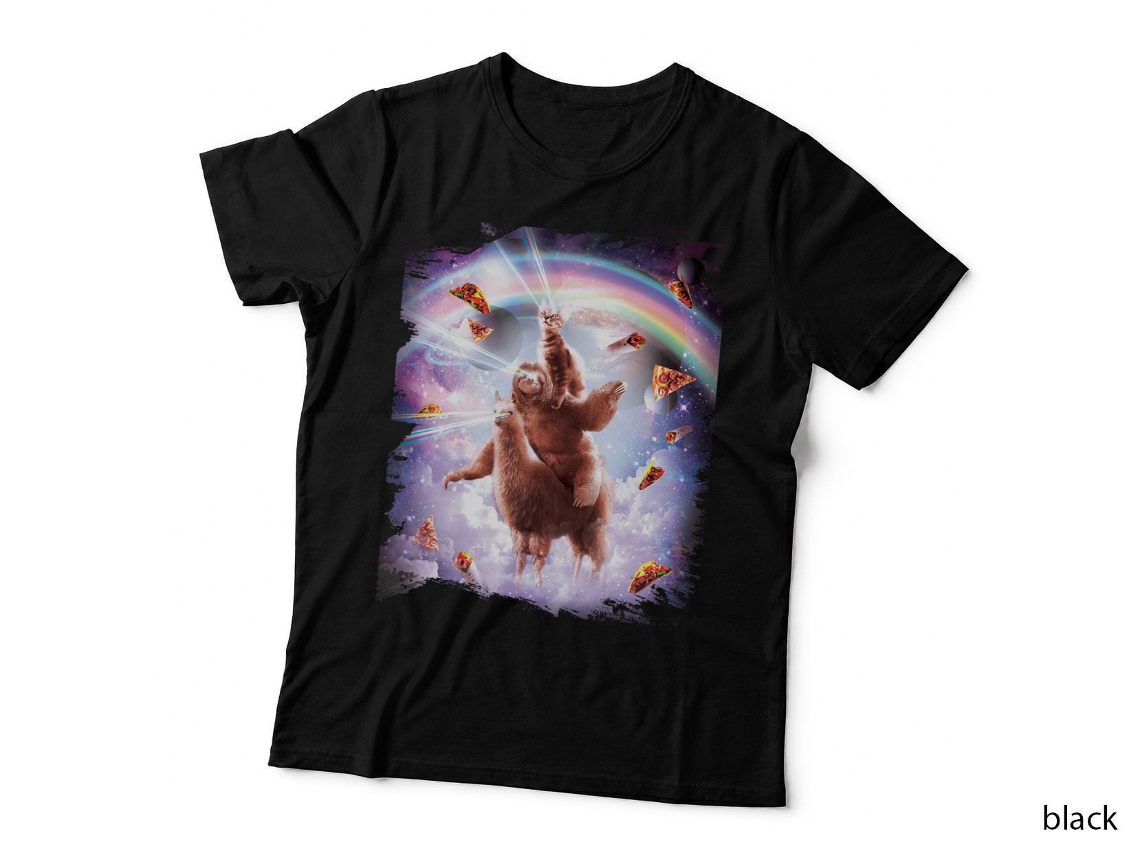 Laser Eyes Space Cat T-Shirt, Sloth Llama Pizza Taco Rainbow, Galaxy Meme Style