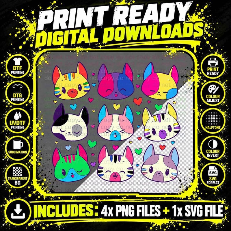 Lgbtq Pride Cat Faces T-Shirt, Rainbow Flag Kitten Grid Png SVG Digital Bundle