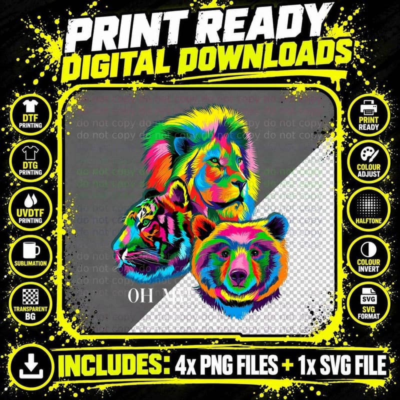 Lion Tiger Bear Oh My Tee, Pop Art Rainbow Animal Trio Png SVG Digital Bundle
