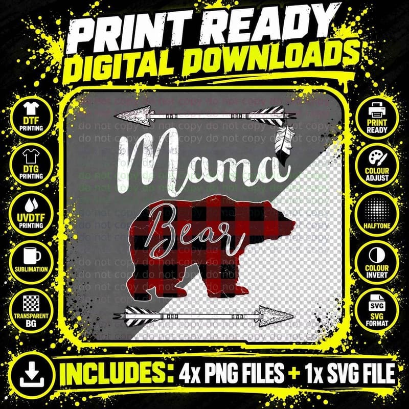 Mama Bear Buffalo Plaid T-Shirt, Mom Gift Idea Png SVG Digital Bundle