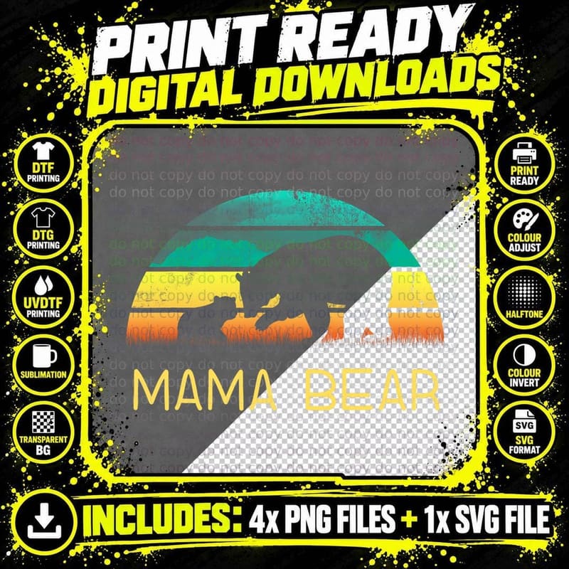 Mama Bear One Cub Vintage Sunset T-Shirt Png SVG Digital Bundle