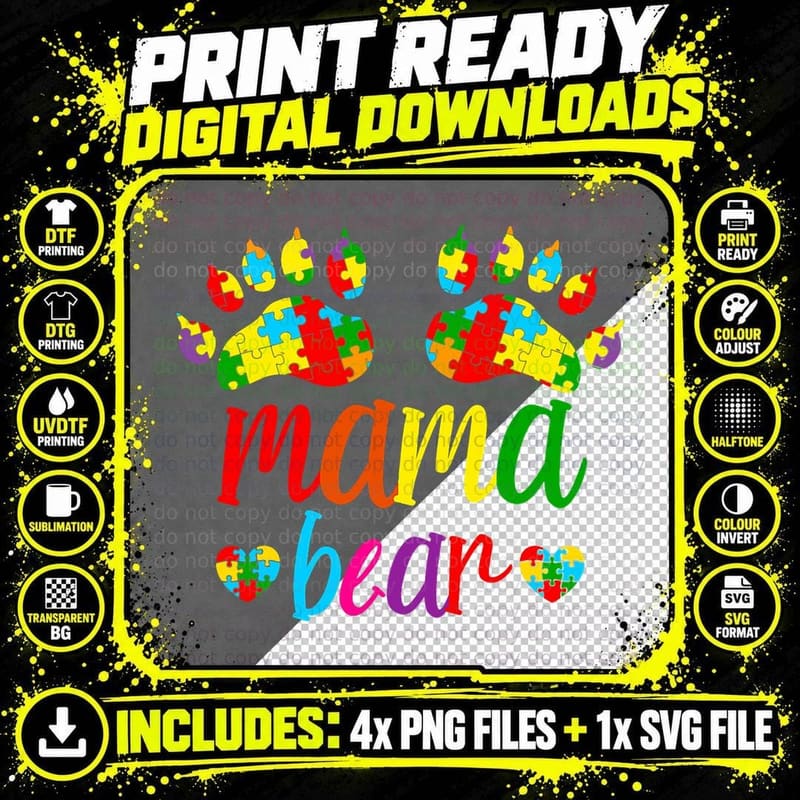 Mama Bear Puzzle Piece Autistic Mom Autism Awareness Png SVG Digital Bundle