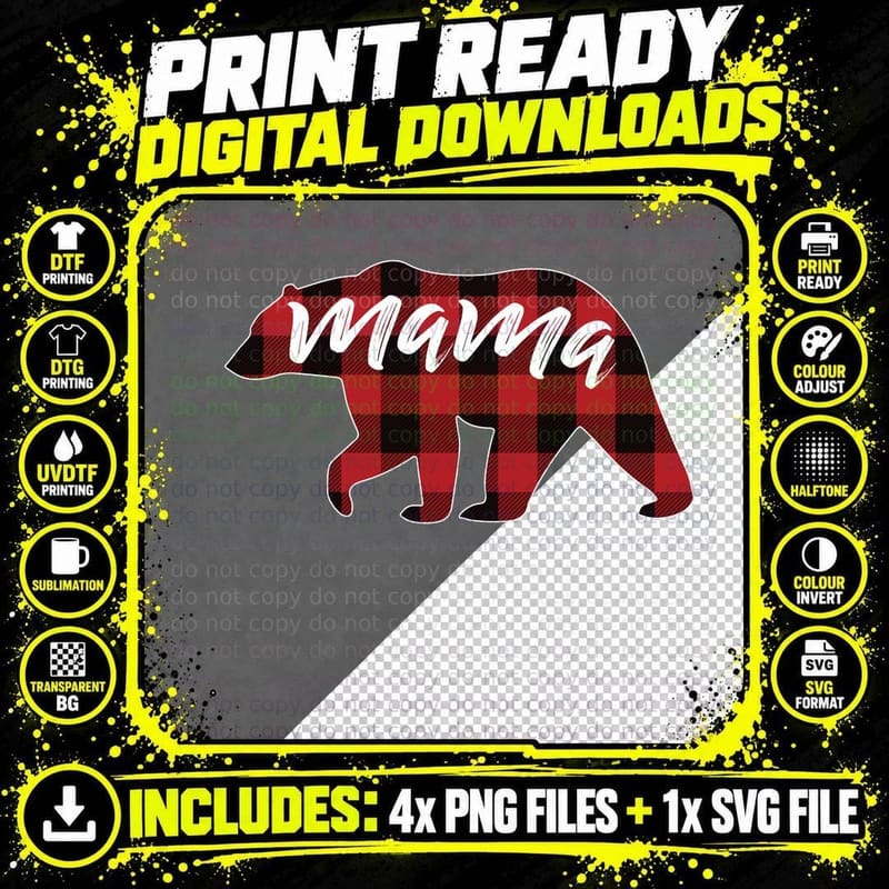 Mama Bear T, Buffalo Plaid Mama Bear, Family Gift Png SVG Digital Bundle