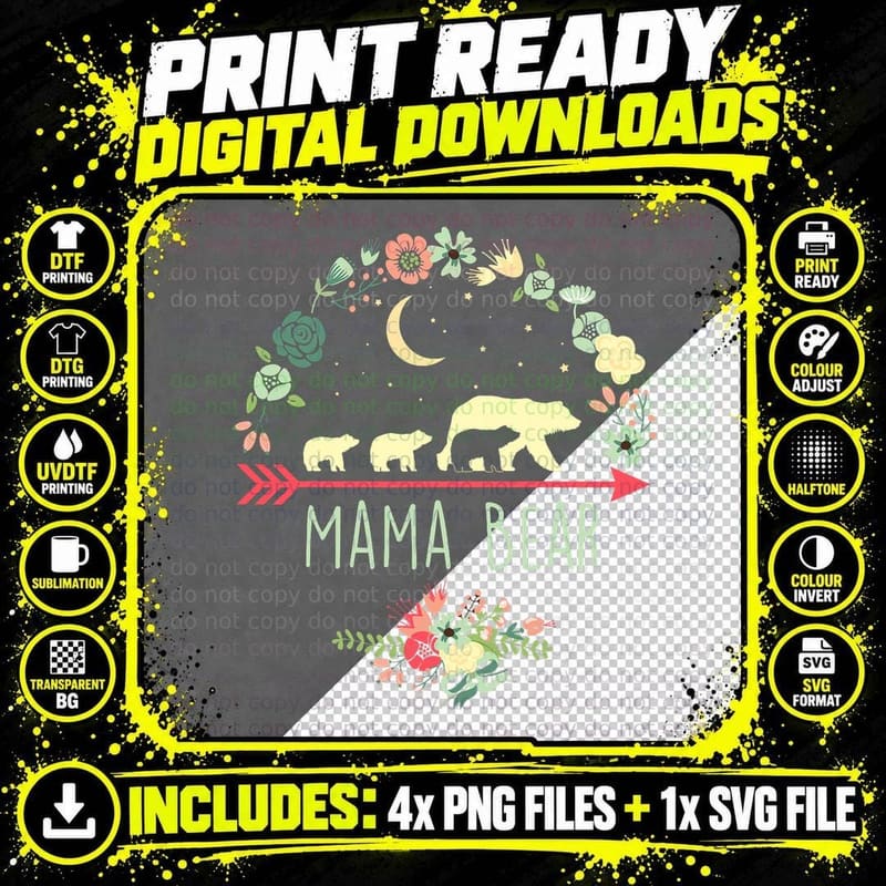 Mama Bear with 3 Cubs Floral Mother's Day T-Shirt Png SVG Digital Bundle