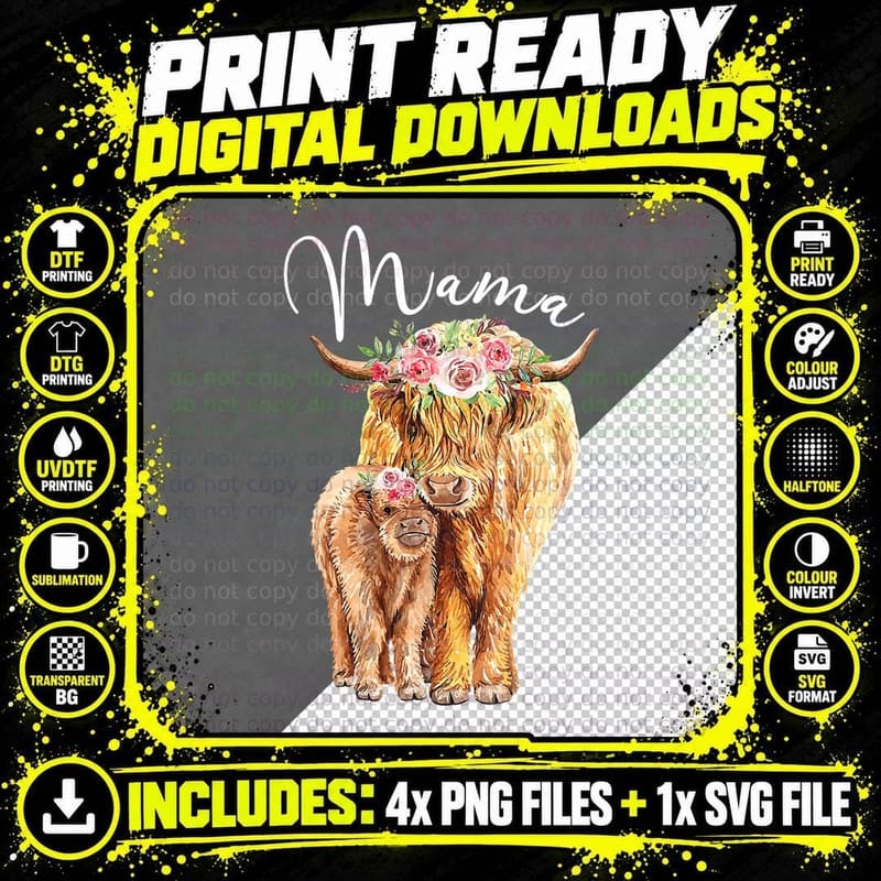 Mama Highland Cow with Baby Calf Floral Mors Day Mom Png SVG Digital Bundle