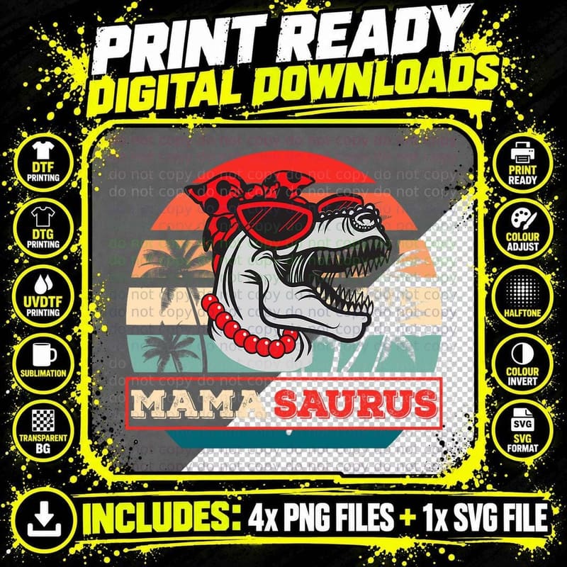 Mama Saurus T-Rex Dinosaur Funny T-Shirt Png SVG Digital Bundle