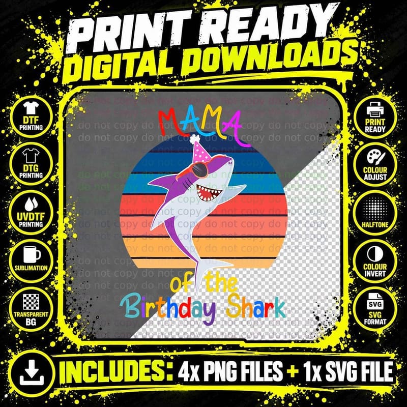 Mama of the Birthday Shark T-Shirt, Birthday Party Theme Png SVG Digital Bundle