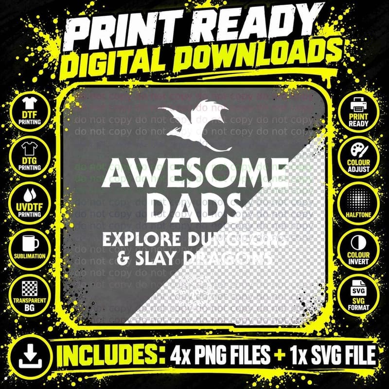 Mens Awesome Dads Explore Dungeons and Slay Dragons Png SVG Digital Bundle