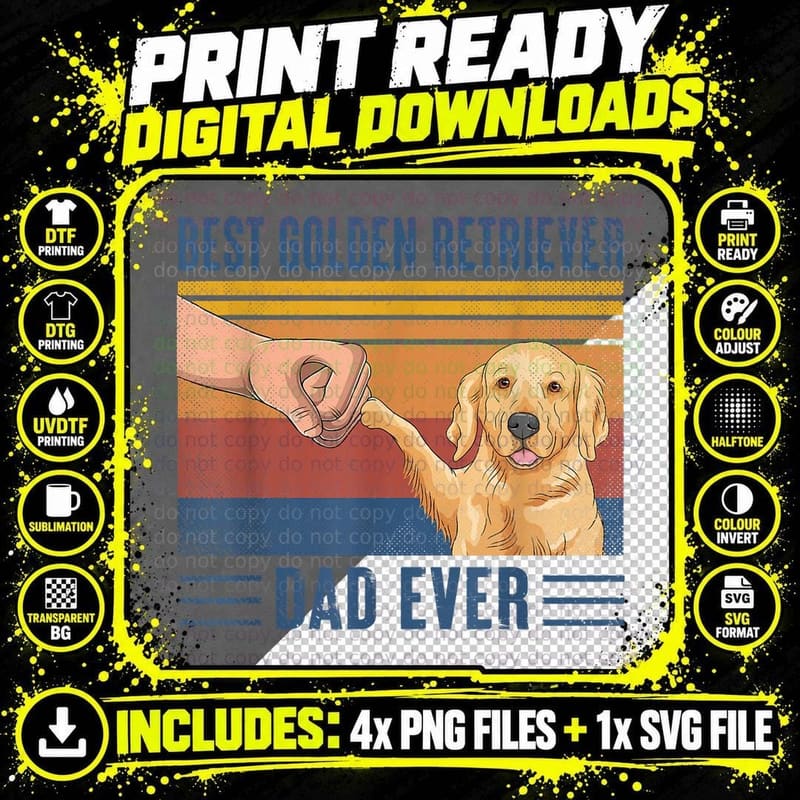 Mens Vintage Best Golden Retriever Dad Ever Fist Bump Png SVG Digital Bundle