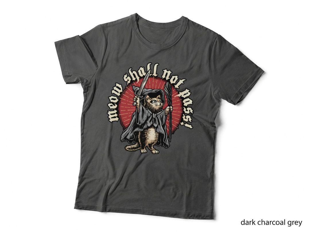 Meow Shall Not Pass Wizard Cat Tee, Sword Staff Cloak Art, Fantasy Parody Print