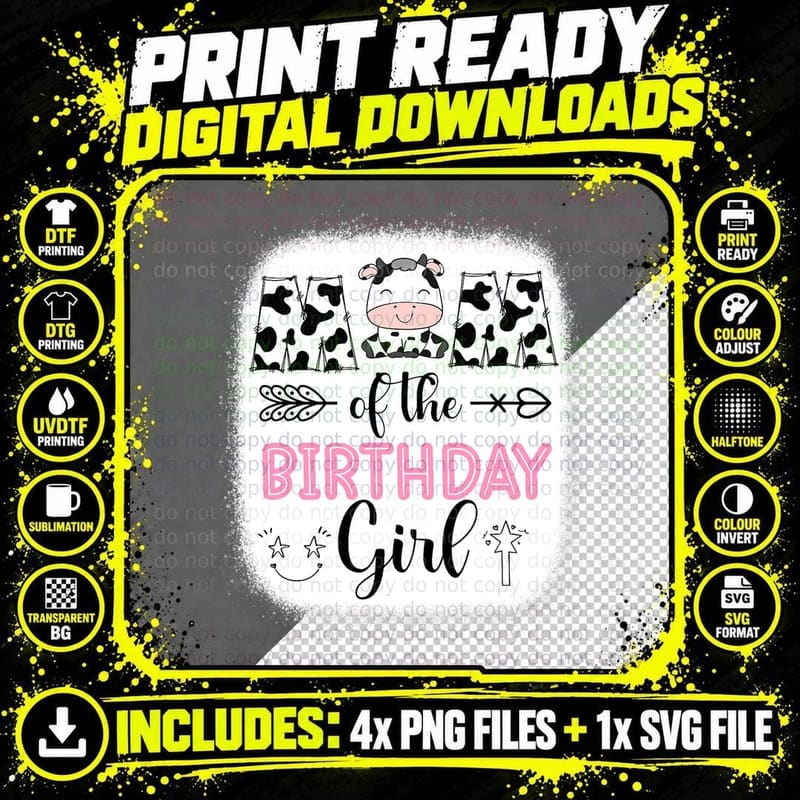 Mom of the Birthday Girl Cow T-Shirt, Farm Animal Theme Png SVG Digital Bundle