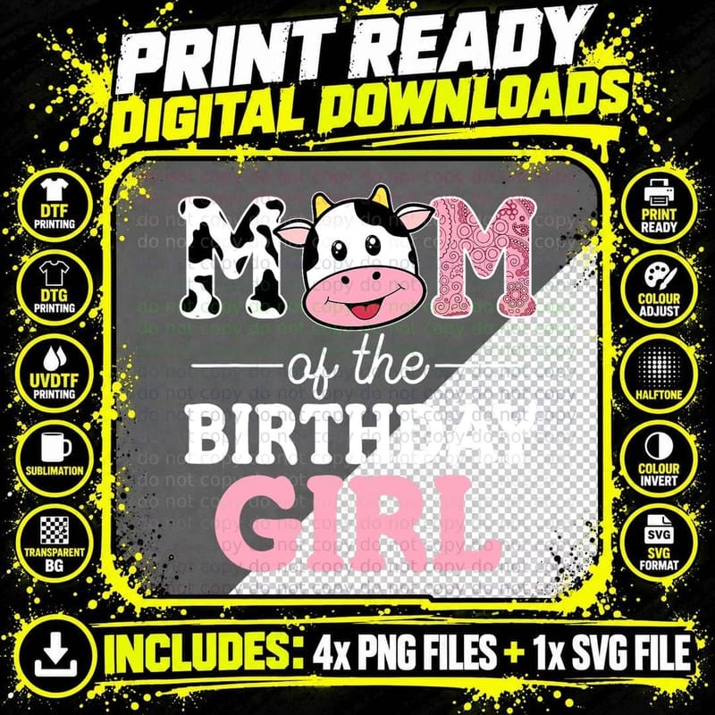 Mom of the Birthday Girl Farm Cow Mommy Mama 1st T-Shirt Png SVG Digital Bundle
