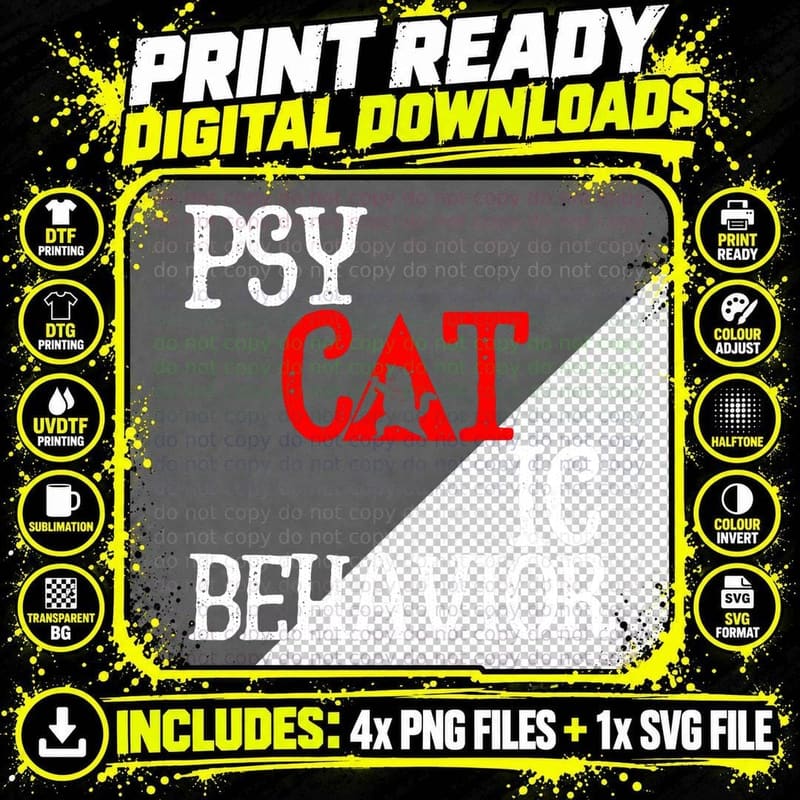 Moody Angry Cat T-Shirt, Psycatic Design Png SVG Digital Bundle