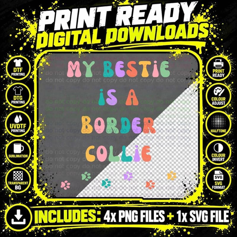 My Bestie Is Border Collie Dog Mom Retro Groovy Fur Mama Png SVG Digital Bundle