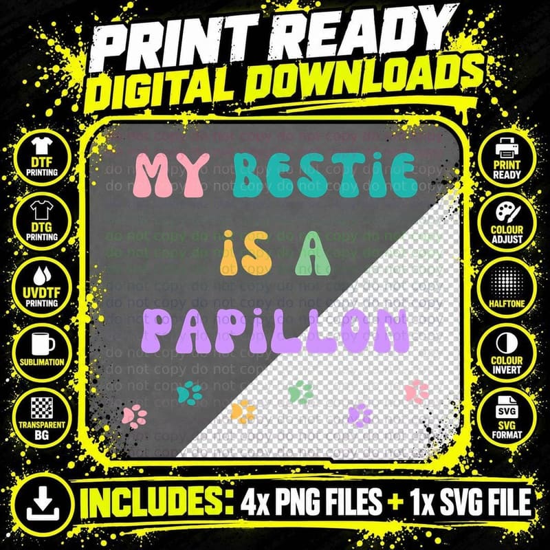 My Bestie Is a Papillon Dog Mom Fur Mama Retro Groovy Png SVG Digital Bundle
