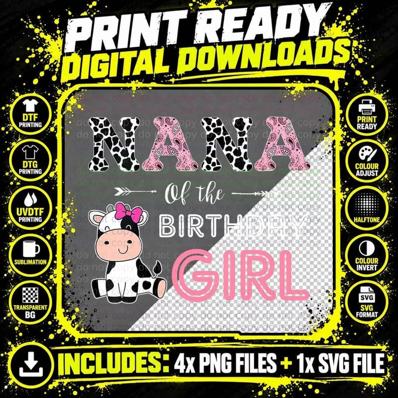 Nana of the Birthday Girl Farm Cow Grandma Matching Png SVG Digital Bundle