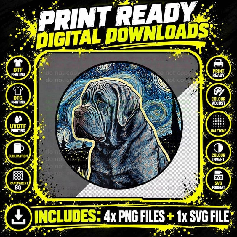 Neapolitan Mastiff Starry Night Painting Dog Mom Dad Png SVG Digital Bundle