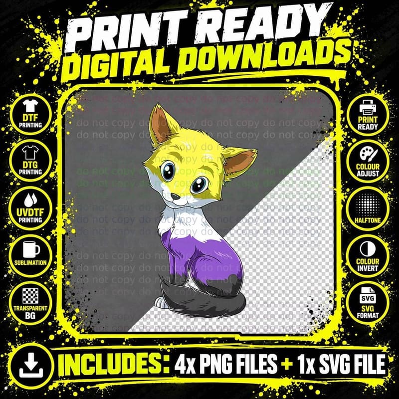 Nonbinary Fox Cartoon, Yellow Purple Black Pride Flag Png SVG Digital Bundle