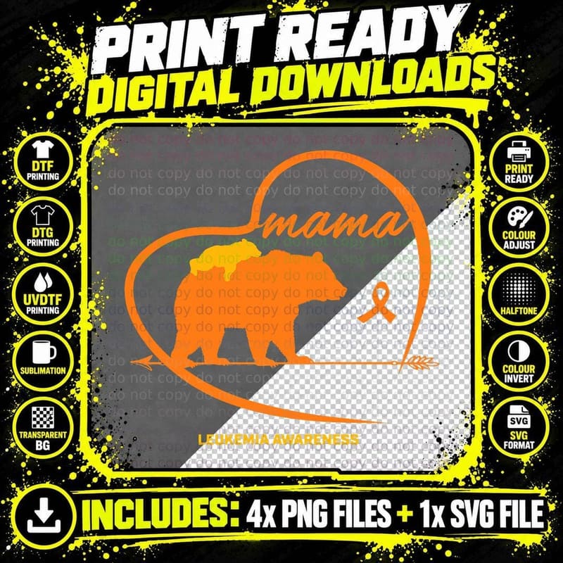 Orange Leukemia Awareness Mom Son Daughter Mama Bear Png SVG Digital Bundle