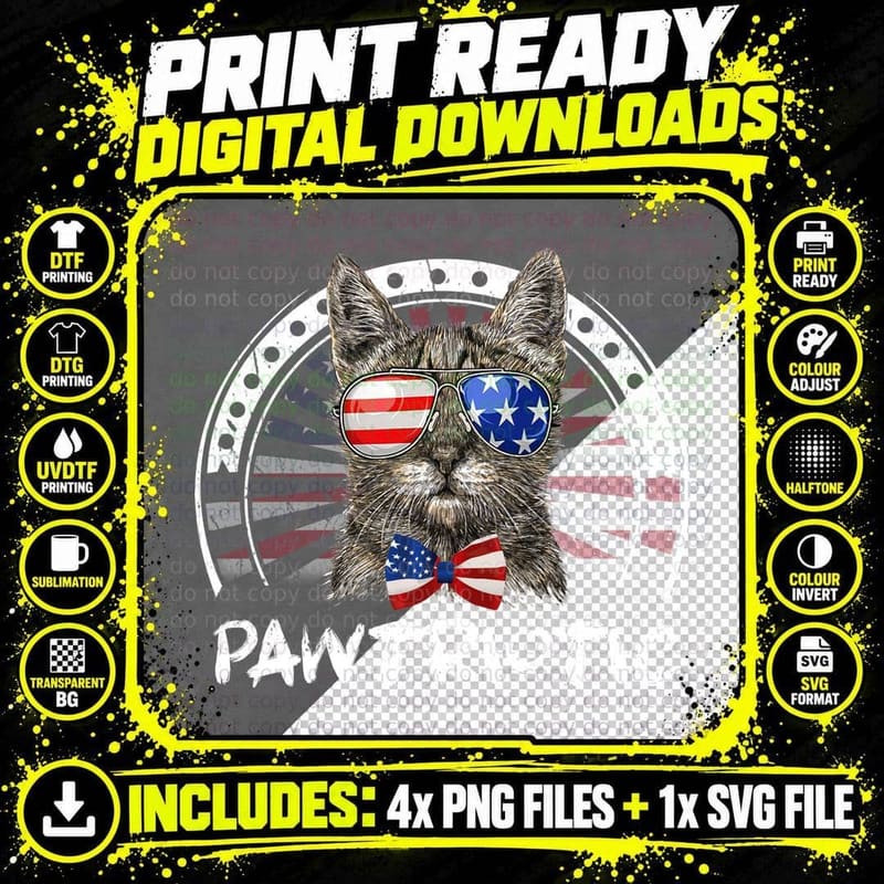 Pawtriotic Cat Patriotic Cute Cool Kitten Shirt Png SVG Digital Bundle