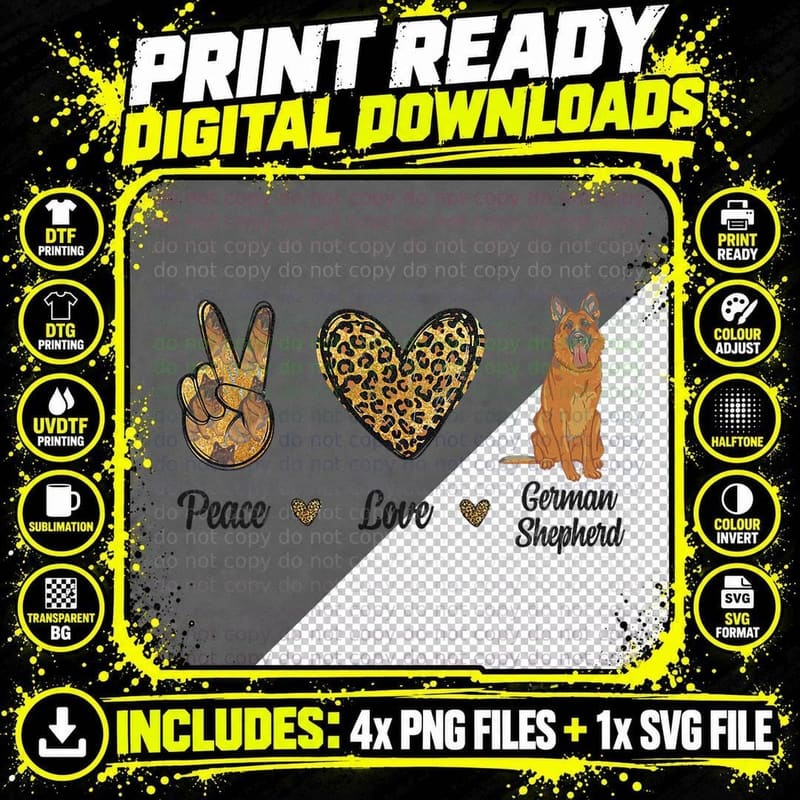Peace Love German Shepherd Leopard Lover Pet Dog Puppy Png SVG Digital Bundle