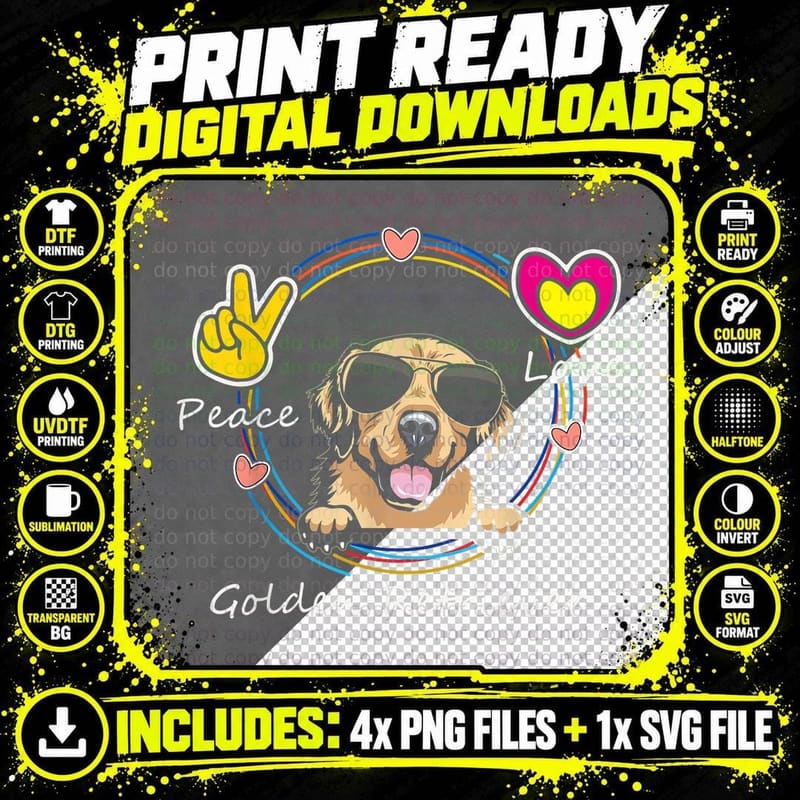 Peace Love Golden Retriever T-Shirt, Retro Style Png SVG Digital Bundle