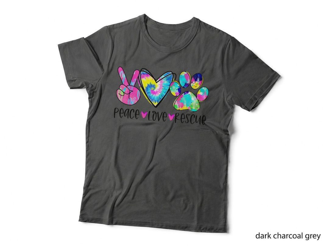 Peace Love Rescue Dog Lover T-Shirt, Tie Dye Print, Pet Parent Apparel