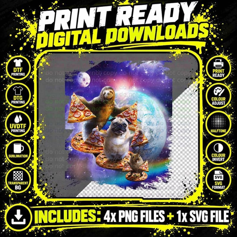 Pizza Sloth Pug Hamster in Space Galaxy T- Funny Cute Png SVG Digital Bundle