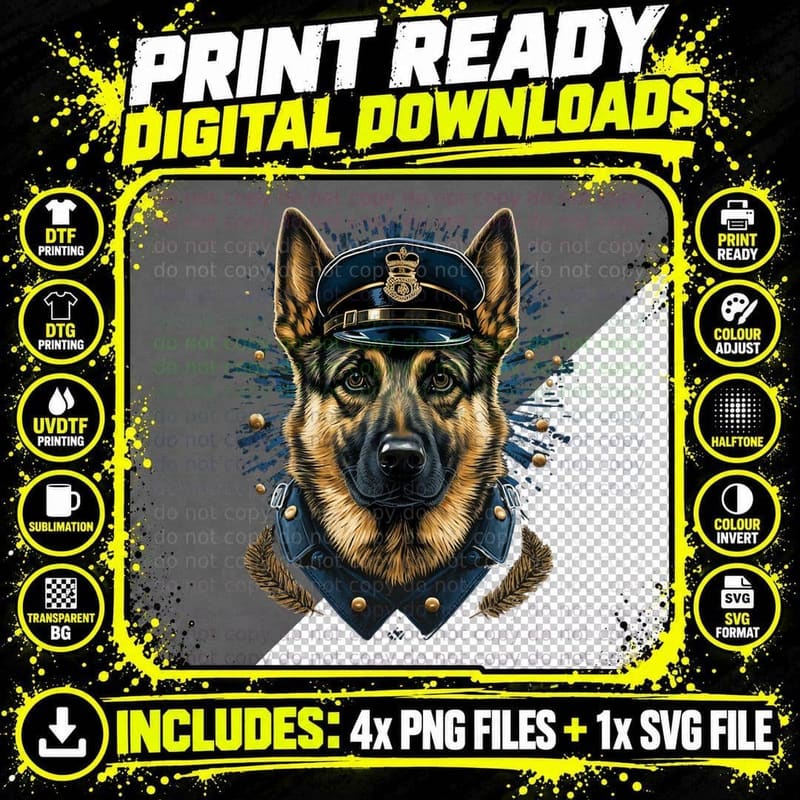 Police Officer Alsatian Cop Dog T-Shirt, Military Style Png SVG Digital Bundle
