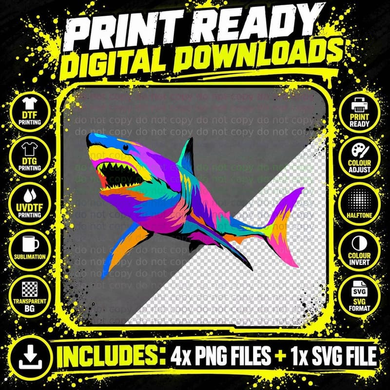 Pop Art Great White Shark, Rainbow Colour Burst Png SVG Digital Bundle