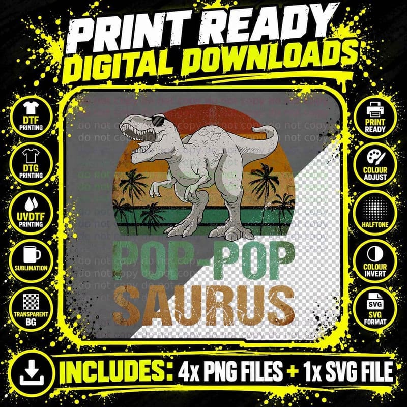 Pop-Pop Saurus T-Rex Dinosaur T-Shirt, Father's Day Gift Png SVG Digital Bundle